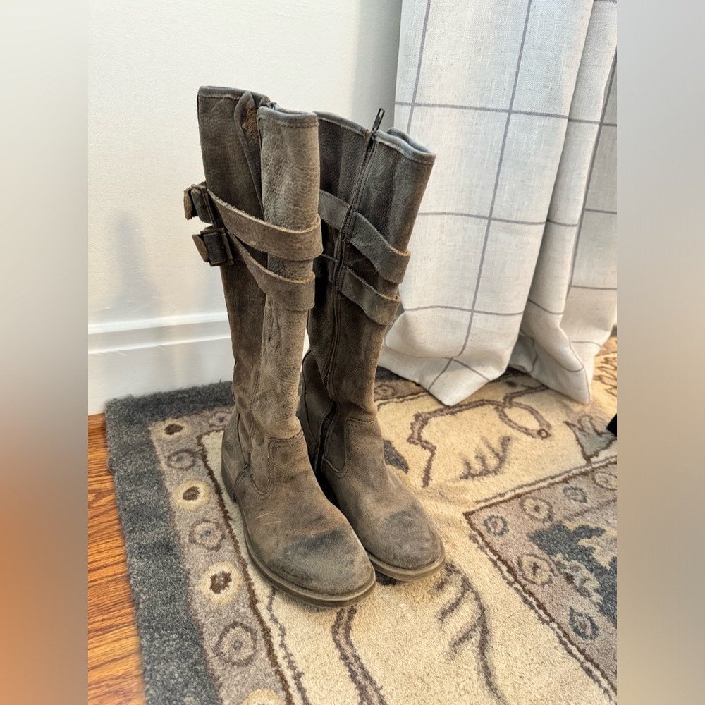 Bed Stu Gray Suede Knee-High Buckle Boots